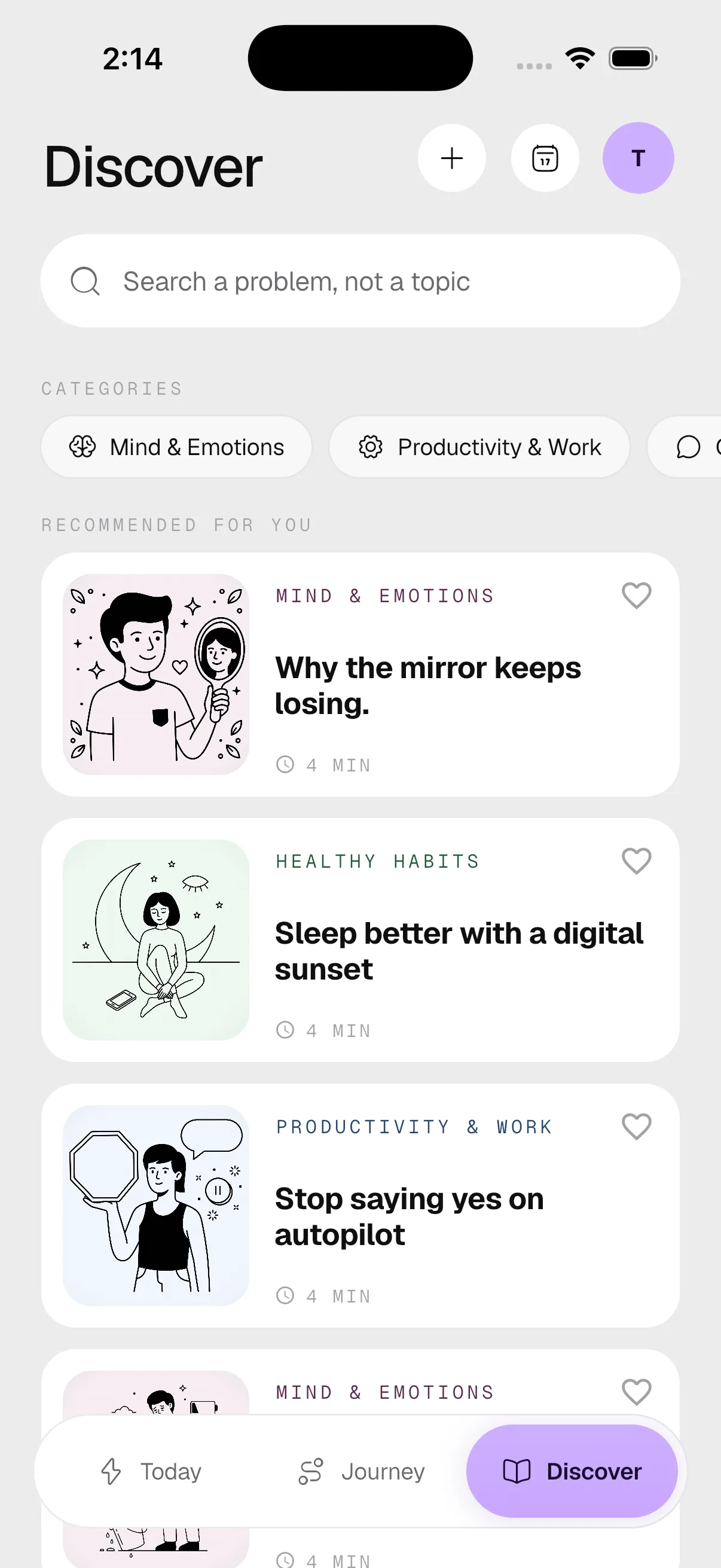 Ameleva discover screen — browse the full lesson catalog