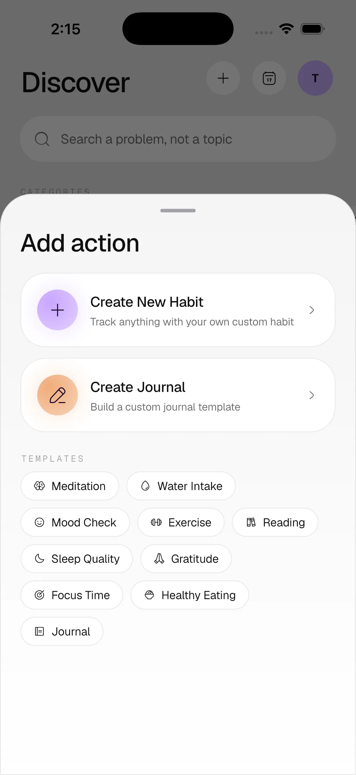 Ameleva habits screen — checkbox, scale, counter, choice, timer